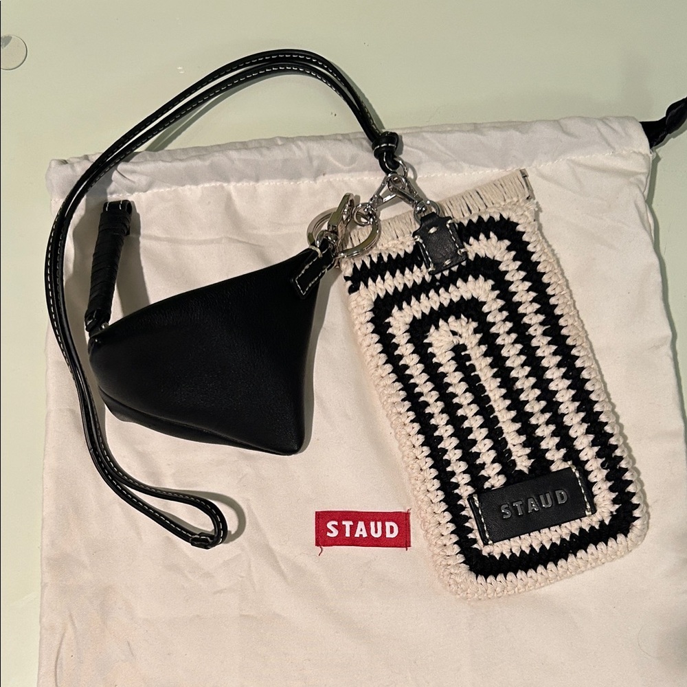 NWOT STAUD Artisanal Black & Cream Crochet Pouch & Black Leather Mini Bag Charm.